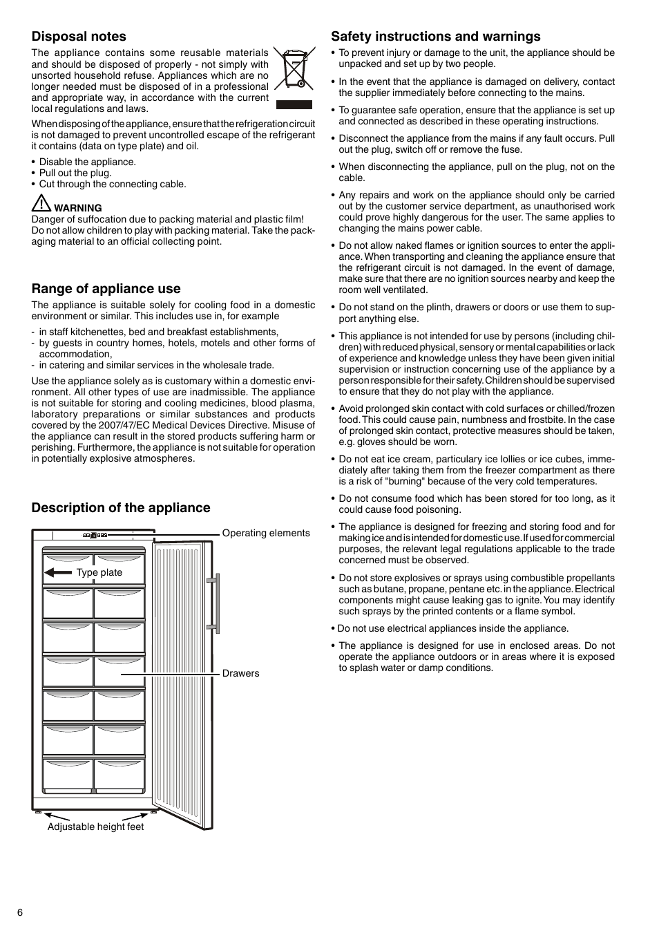 Safety instructions and warnings, Description of the appliance, Range of appliance use | Liebherr G 5216 User Manual | Page 2 / 5