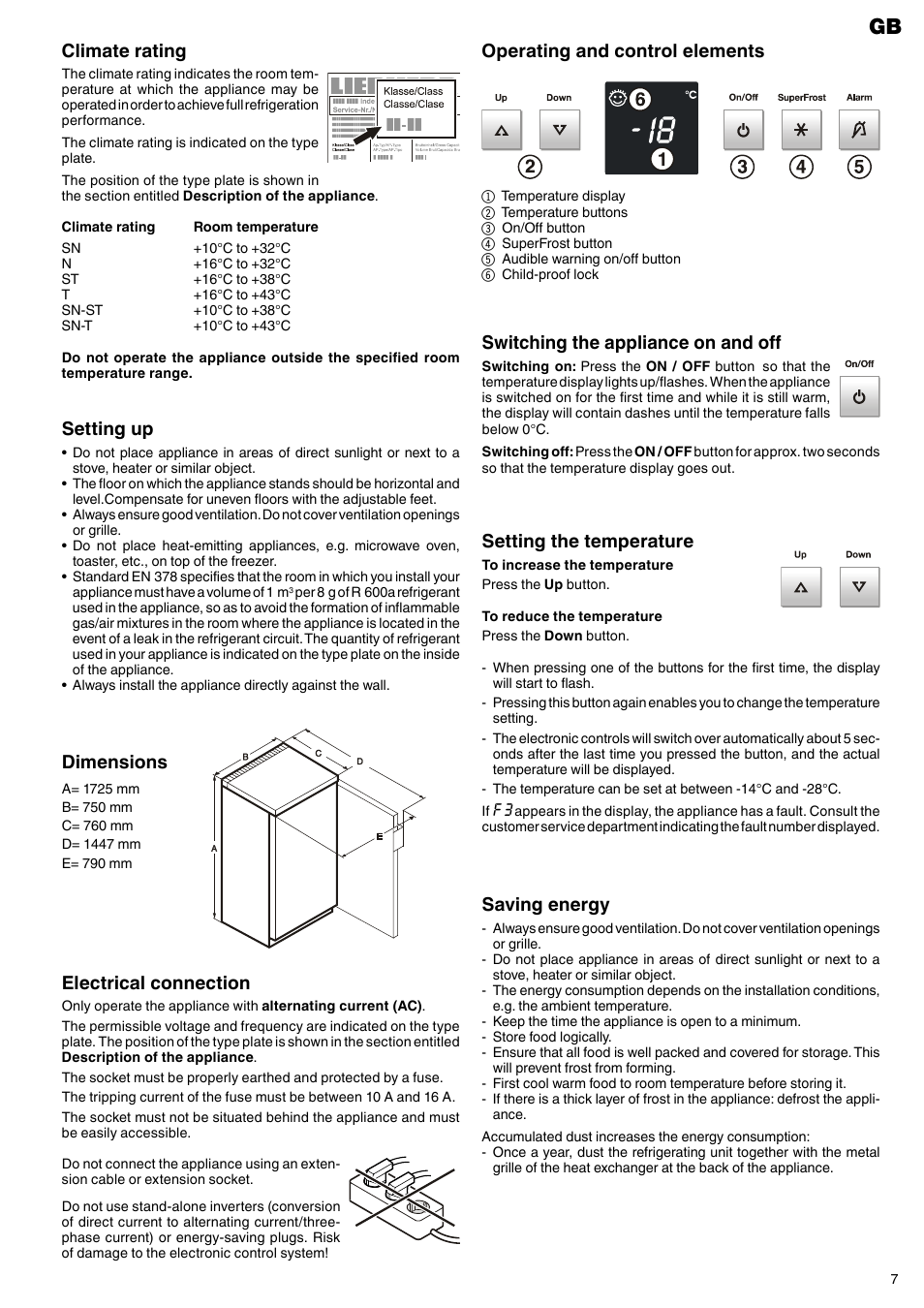 Switching the appliance on and off, Operating and control elements, Setting the temperature | Setting up, Saving energy, Dimensions, Climate rating, Electrical connection | Liebherr G 5216 User Manual | Page 3 / 5