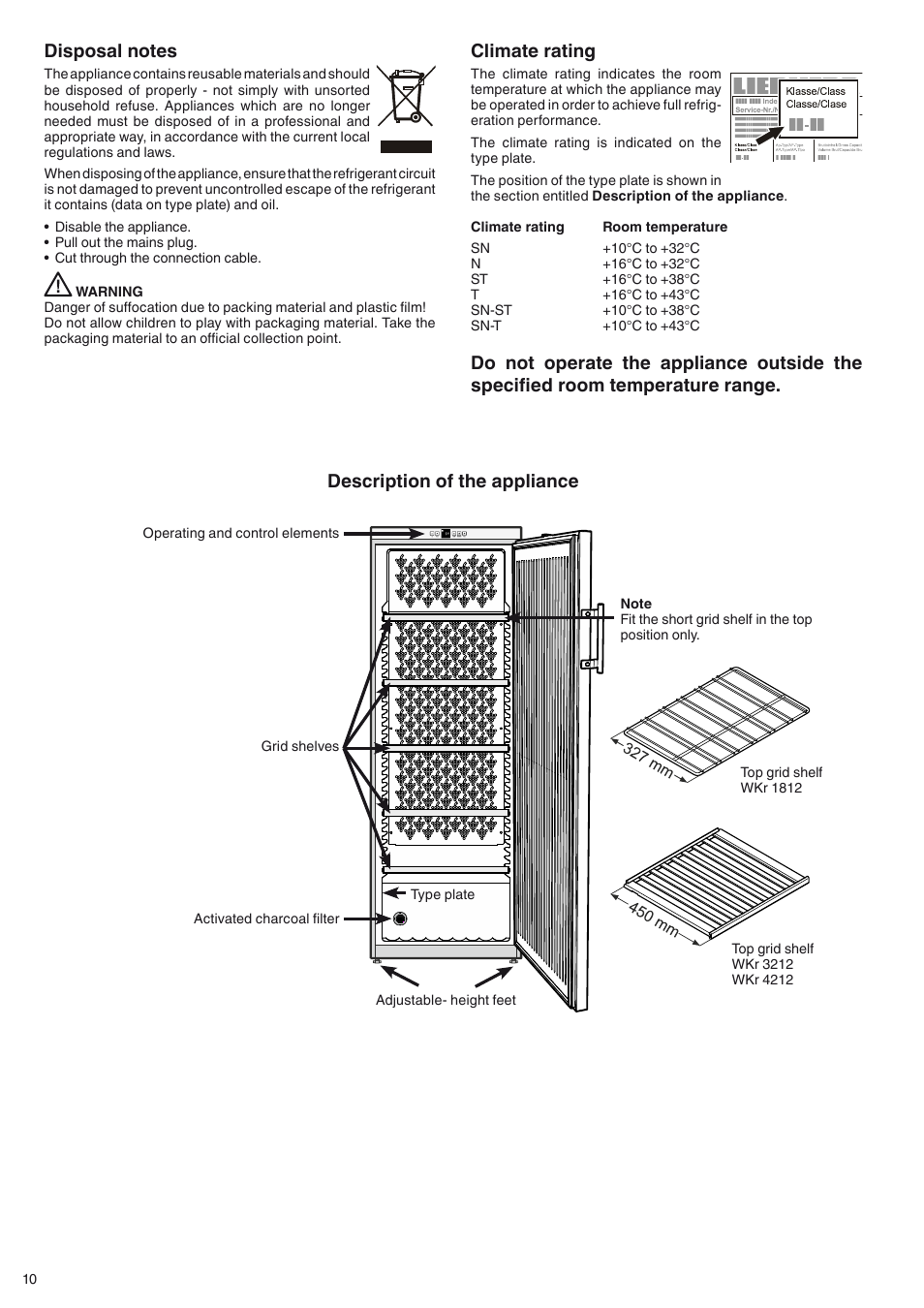 Description of the appliance, Climate rating | Liebherr WKr 3211 Vinothek User Manual | Page 2 / 9