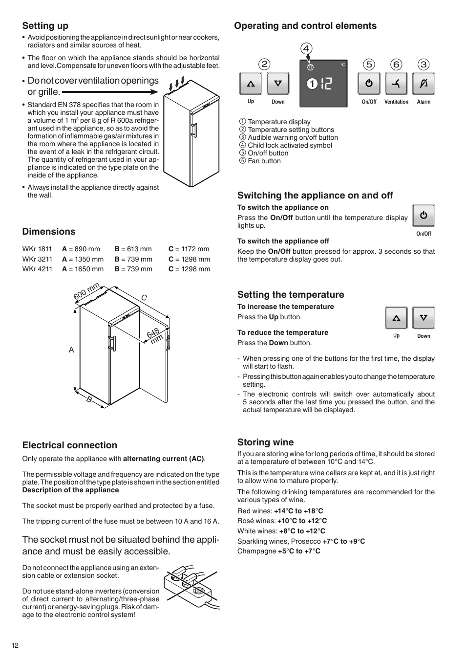 Setting the temperature, Storing wine, Operating and control elements | Switching the appliance on and off, Setting up, Do not cover ventilation openings or grille, Dimensions, Electrical connection | Liebherr WKr 3211 Vinothek User Manual | Page 4 / 9