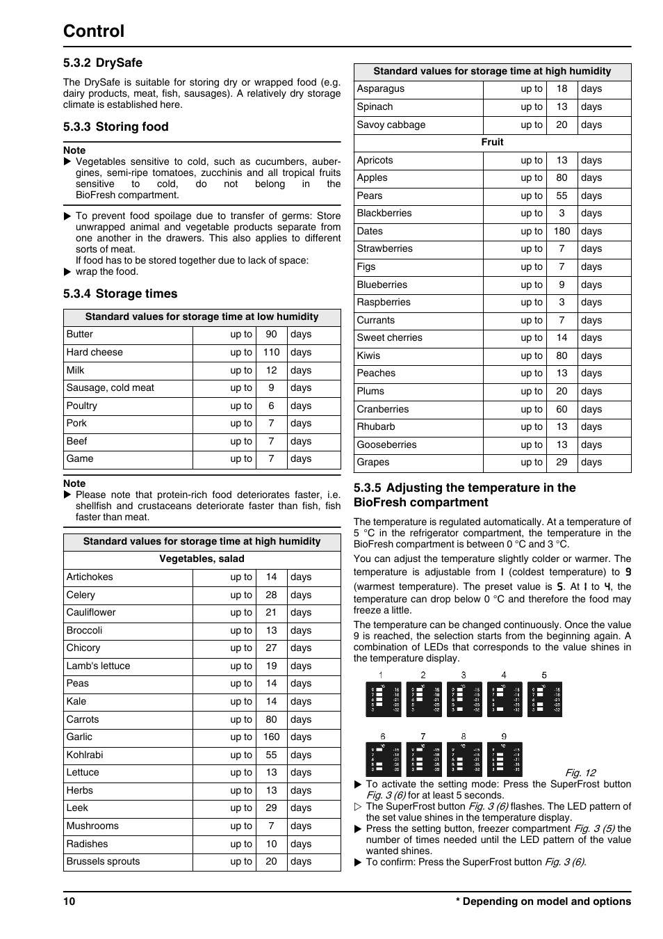 2drysafe, 3storing food, 4storage times | Control | Liebherr CBPesf 4033 Comfort BioFresh User Manual | Page 10 / 16