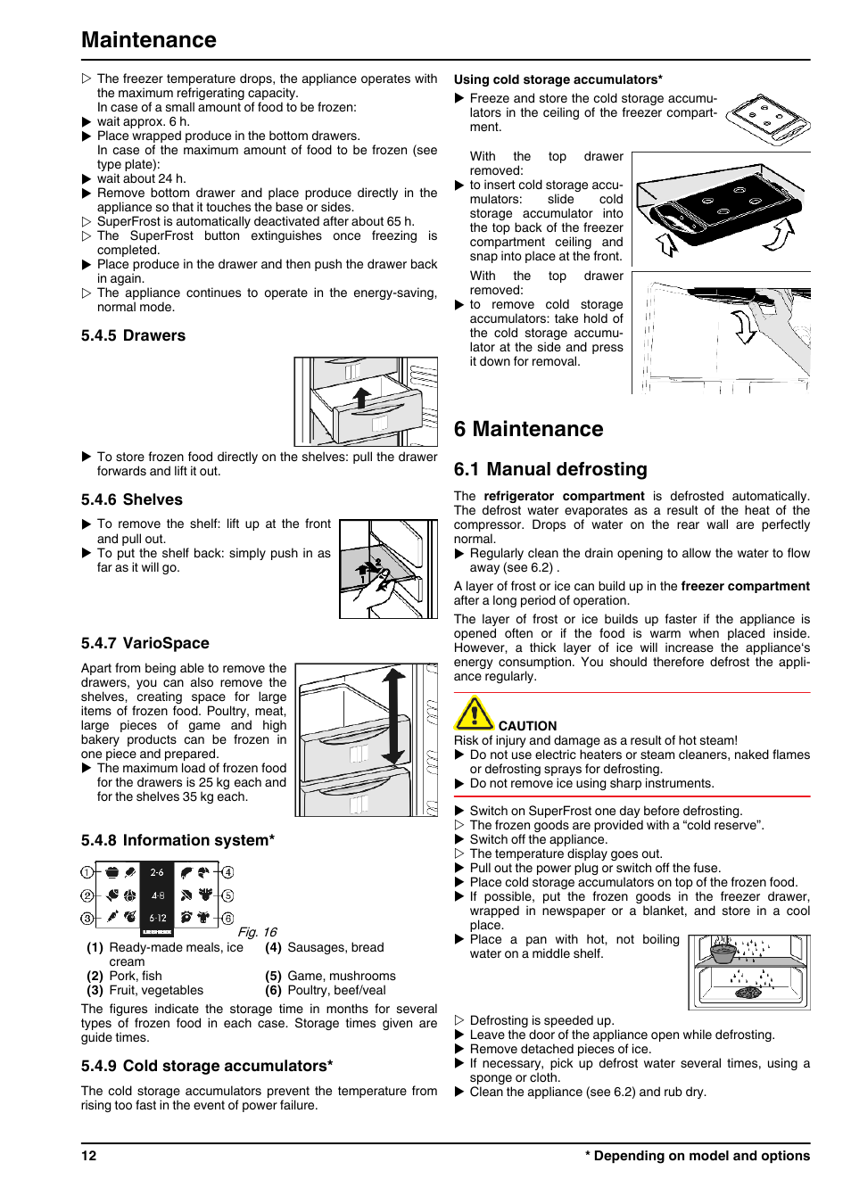 5drawers, 6shelves, 7variospace | 8information system, 9cold storage accumulators, 6maintenance, 1manual defrosting, 6 maintenance, Maintenance, 1 manual defrosting | Liebherr CBPesf 4033 Comfort BioFresh User Manual | Page 12 / 16