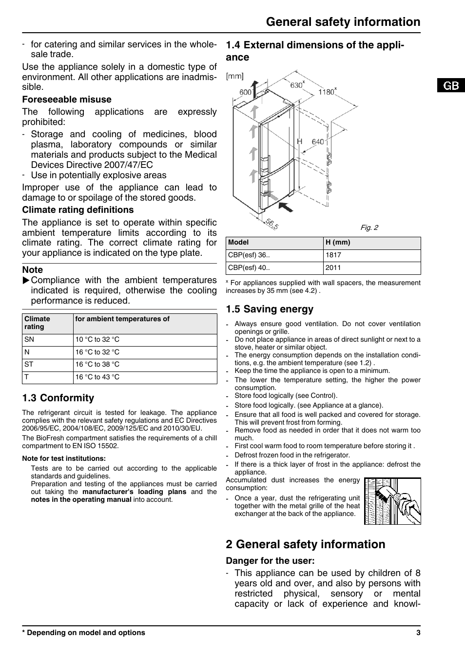 3conformity, 4external dimensions of the appliance, 5saving energy | 2general safety information, 2 general safety information, General safety information, 3 conformity, 4 external dimensions of the appli- ance, 5 saving energy | Liebherr CBPesf 4033 Comfort BioFresh User Manual | Page 3 / 16