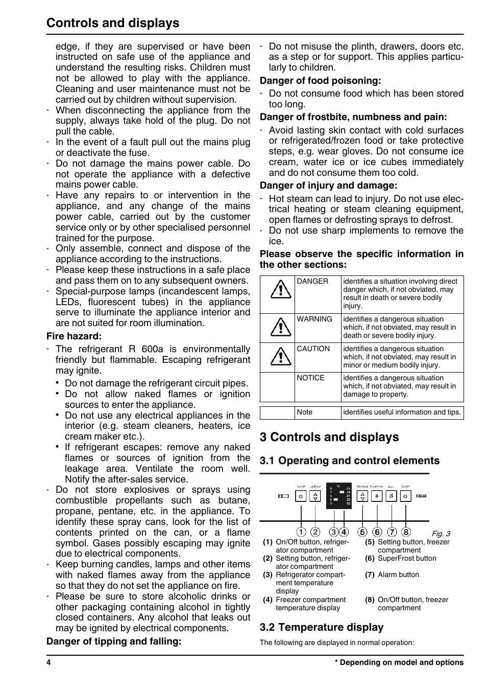 3controls and displays, 1operating and control elements, 2temperature display | 3 controls and displays, Controls and displays | Liebherr CBPesf 4033 Comfort BioFresh User Manual | Page 4 / 16