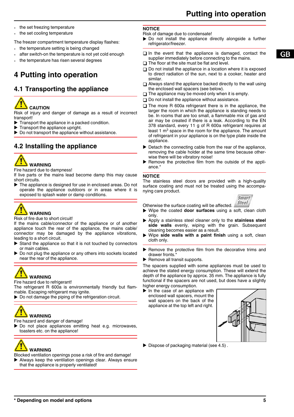 4putting into operation, 1transporting the appliance, 2installing the appliance | 4 putting into operation, Putting into operation, 1 transporting the appliance, 2 installing the appliance | Liebherr CBPesf 4033 Comfort BioFresh User Manual | Page 5 / 16