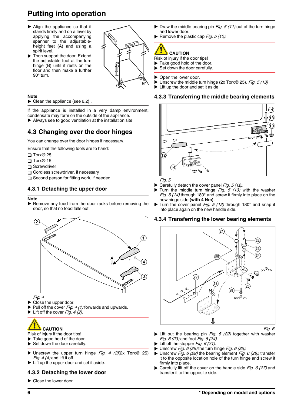 3changing over the door hinges, 1detaching the upper door, 2detaching the lower door | 3transferring the middle bearing elements, 4transferring the lower bearing elements, Putting into operation, 3 changing over the door hinges | Liebherr CBPesf 4033 Comfort BioFresh User Manual | Page 6 / 16