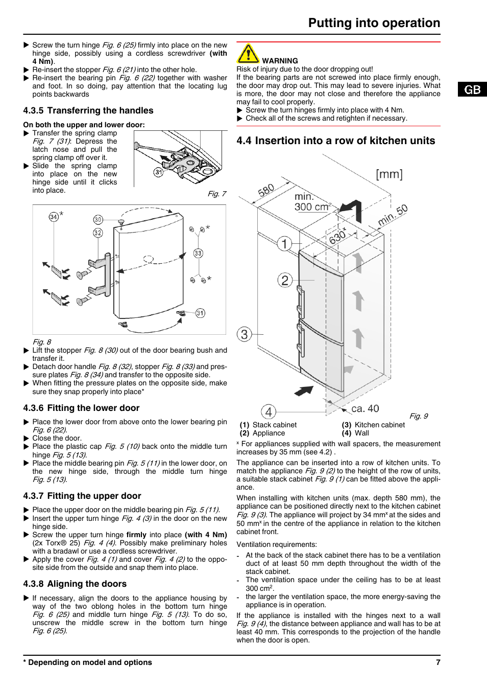 5transferring the handles, 6fitting the lower door, 7fitting the upper door | 8aligning the doors, 4insertion into a row of kitchen units, Putting into operation, 4 insertion into a row of kitchen units | Liebherr CBPesf 4033 Comfort BioFresh User Manual | Page 7 / 16