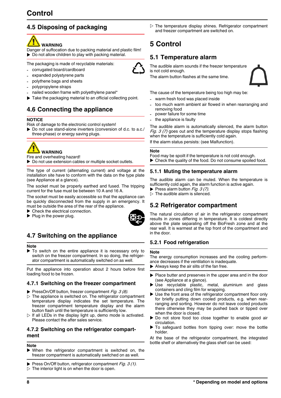 5disposing of packaging, 6connecting the appliance, 7switching on the appliance | 1switching on the freezer compartment, 2switching on the refrigerator compartment, 5control, 1temperature alarm, 1muting the temperature alarm, 2refrigerator compartment, 1food refrigeration | Liebherr CBPesf 4033 Comfort BioFresh User Manual | Page 8 / 16