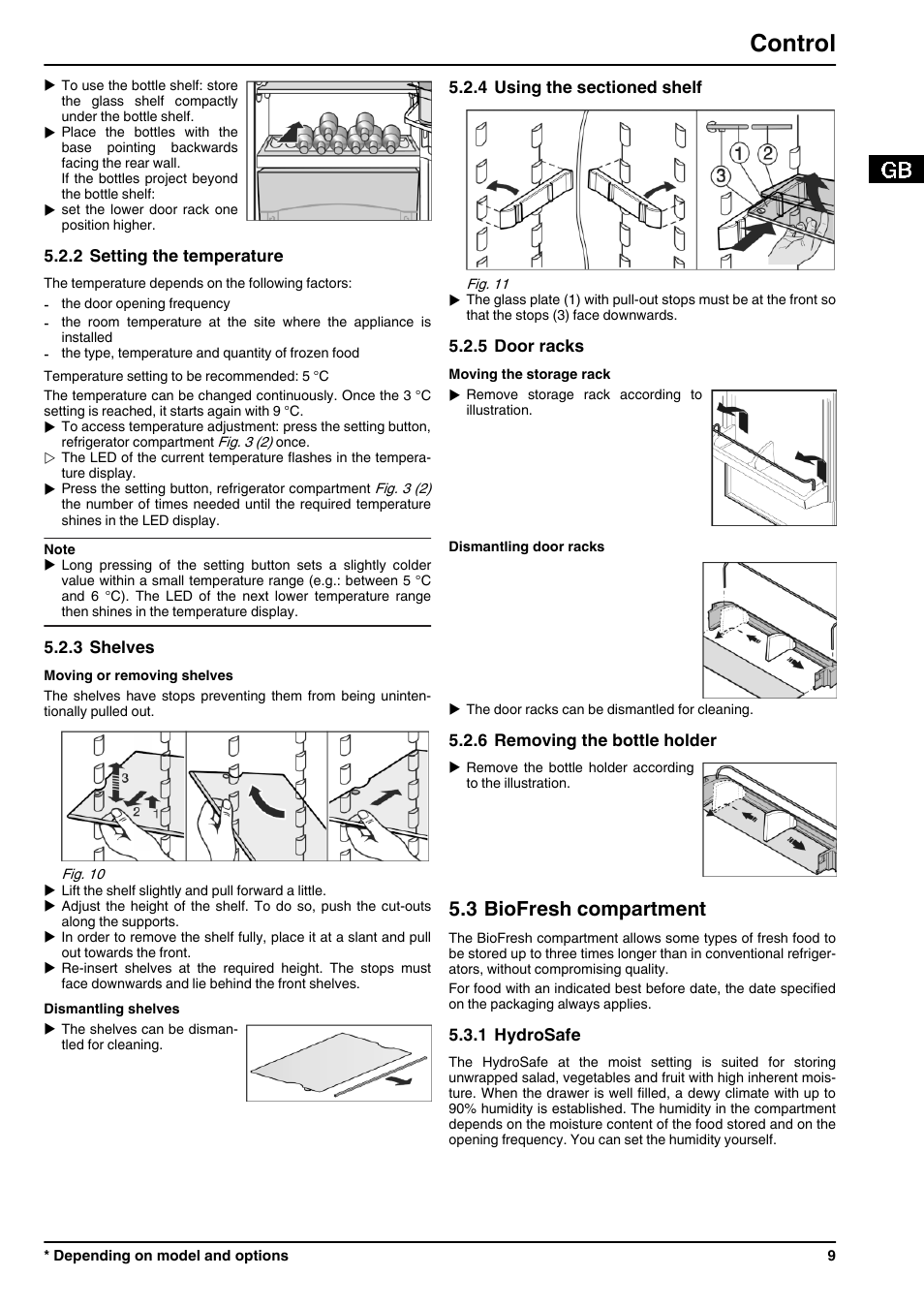 2setting the temperature, 3shelves, 4using the sectioned shelf | 5door racks, 6removing the bottle holder, 3biofresh compartment, 1hydrosafe, Control, 3 biofresh compartment | Liebherr CBPesf 4033 Comfort BioFresh User Manual | Page 9 / 16