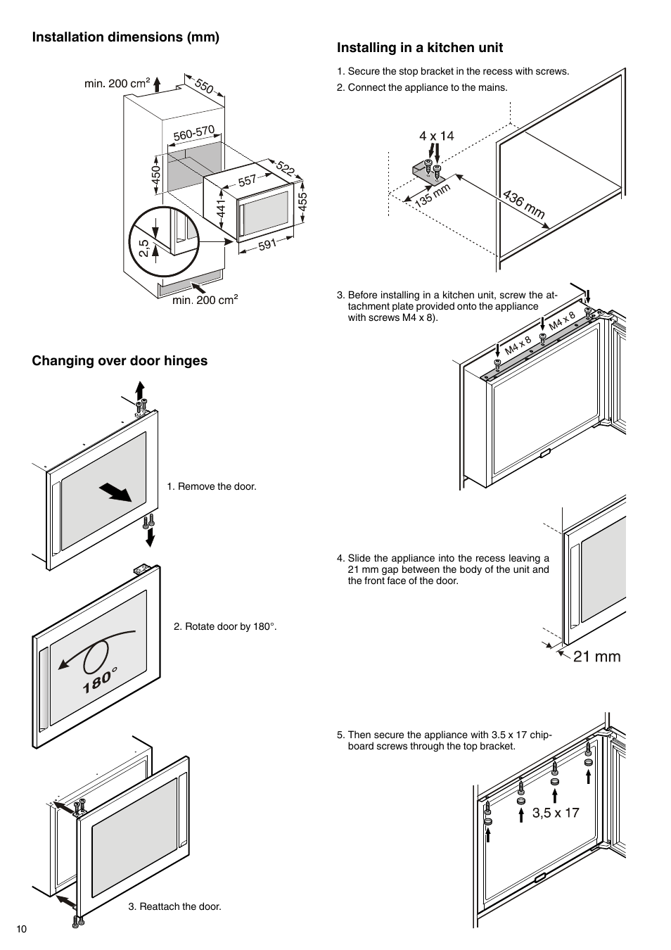 Changing over door hinges, Installing in a kitchen unit, Installation dimensions (mm) | Liebherr WKEes 553 GrandCru User Manual | Page 4 / 7