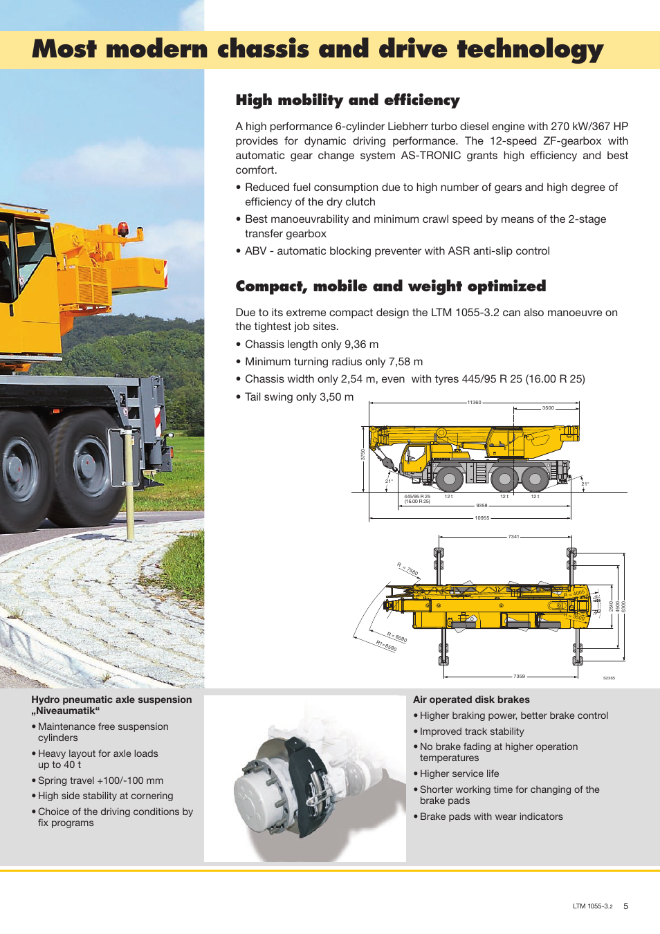 Most modern chassis and drive technology, High mobility and efﬁ ciency, Compact, mobile and weight optimized | Liebherr LTM 1055-3.2 User Manual | Page 5 / 16