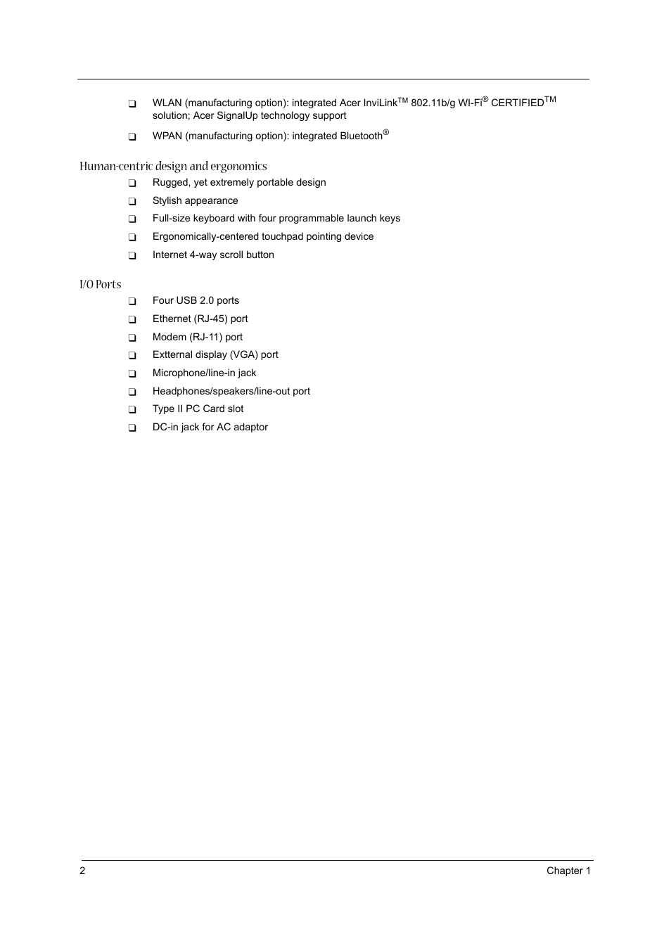 Human-centric design and ergonomics, I/o ports | Acer 3610 User Manual | Page 10 / 93