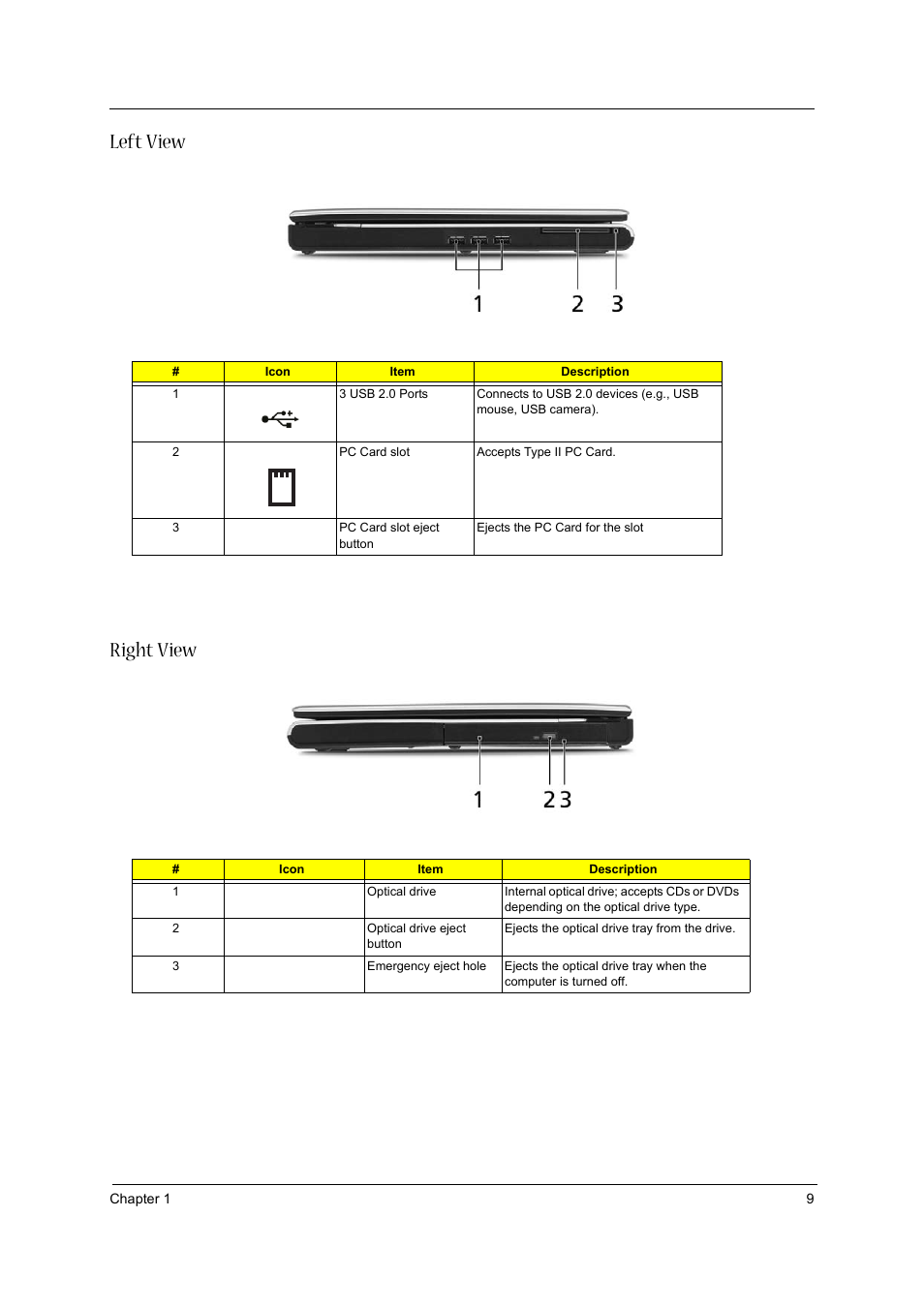 Left view, Right view, Left view right view | Acer 3610 User Manual | Page 17 / 93