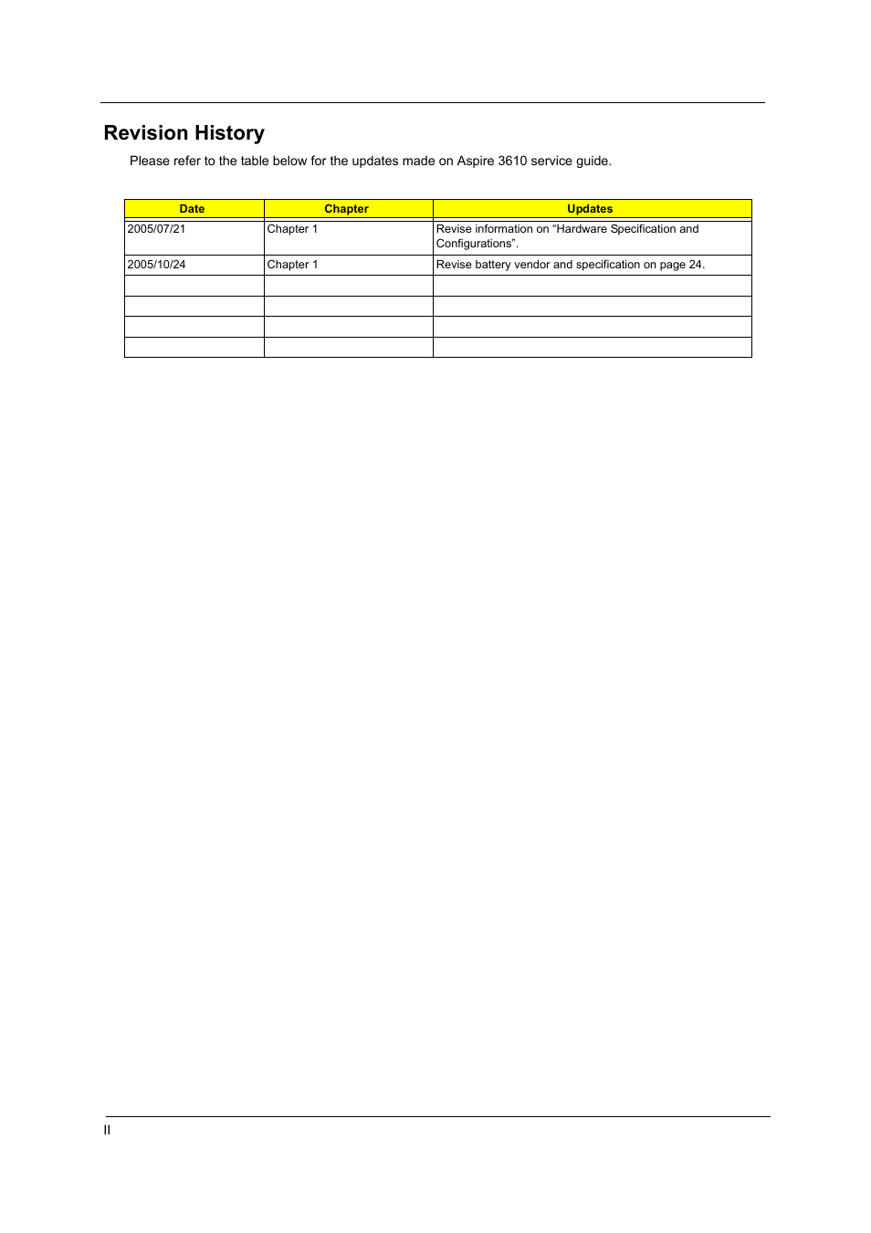 Revision history | Acer 3610 User Manual | Page 2 / 93