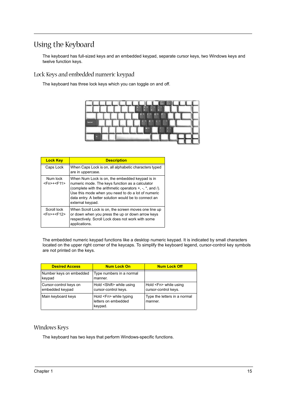 Using the keyboard, Lock keys and embedded numeric keypad, Windows keys | Acer 3610 User Manual | Page 23 / 93