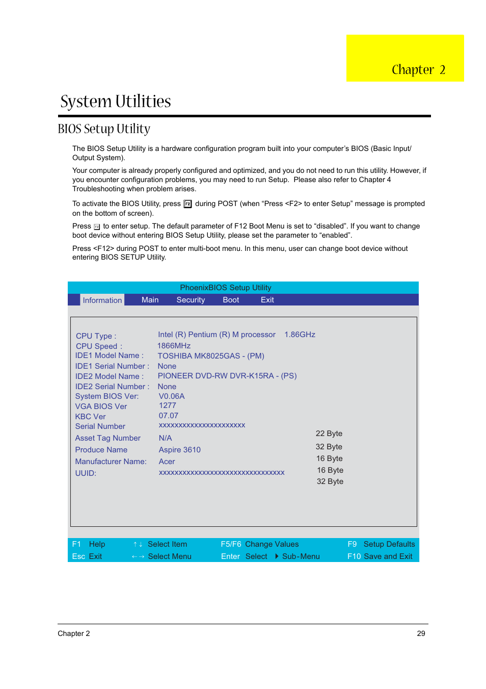 System utilities, Bios setup utility, Chapter 2 | Acer 3610 User Manual | Page 35 / 93