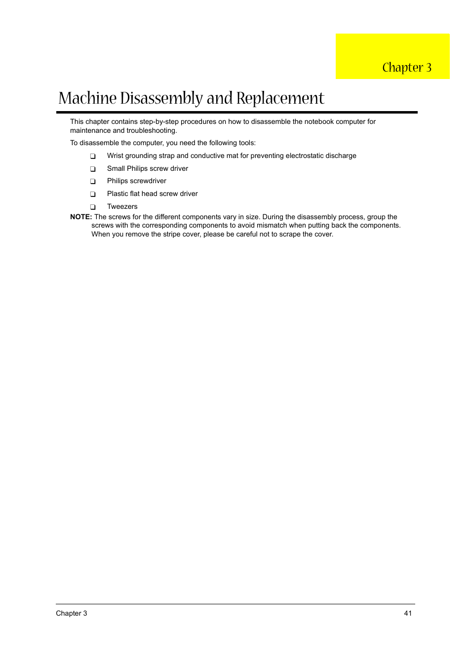 Machine disassembly and replacement, Chapter 3 | Acer 3610 User Manual | Page 47 / 93