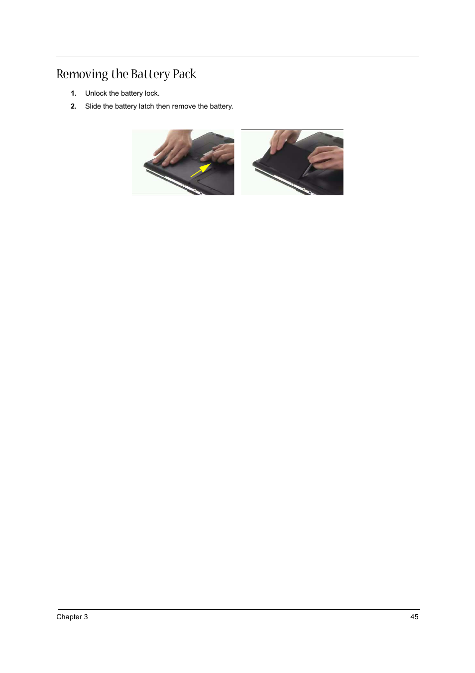 Removing the battery pack | Acer 3610 User Manual | Page 51 / 93