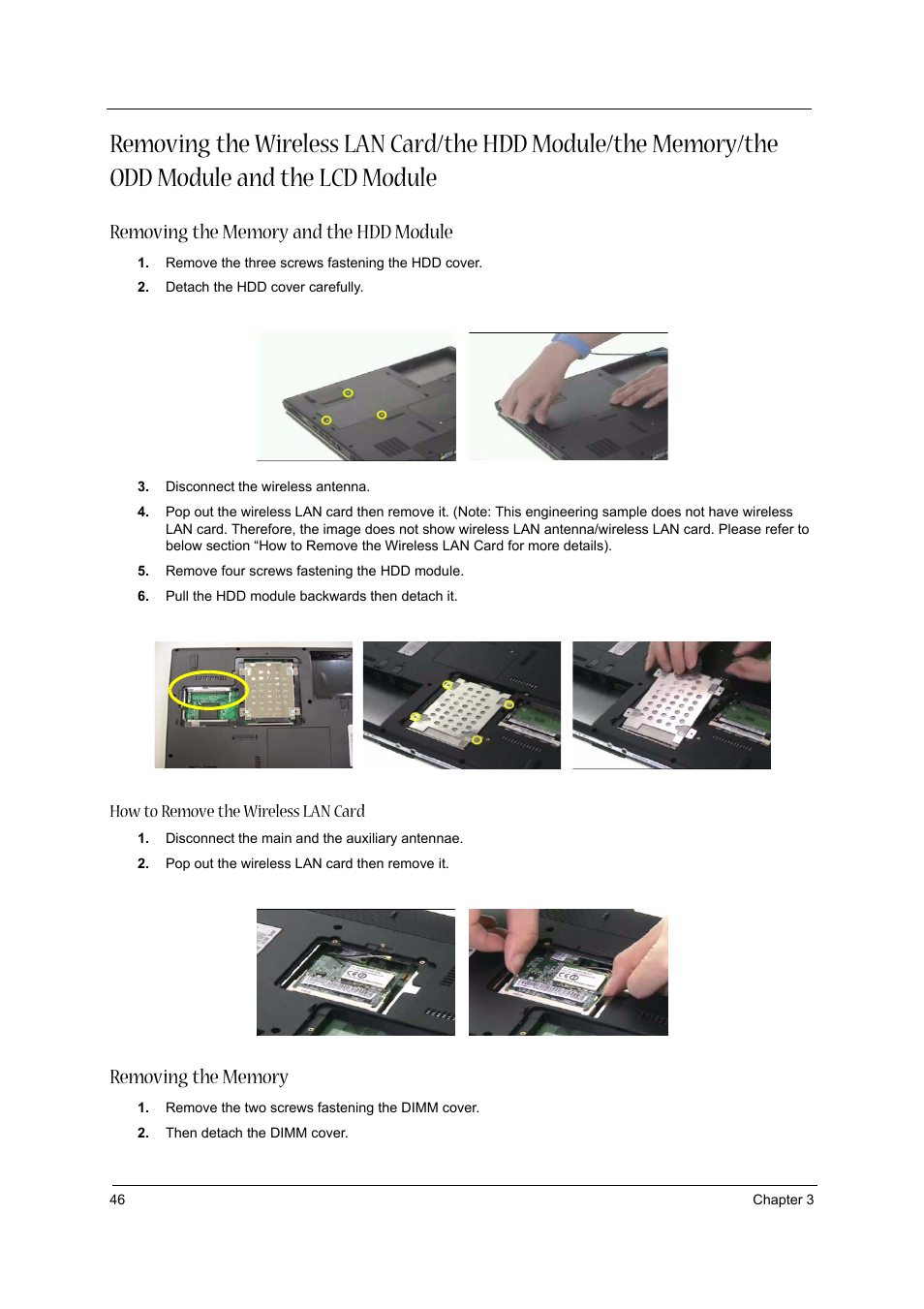 Removing the memory and the hdd module, Removing the memory, How to remove the wireless lan card | Acer 3610 User Manual | Page 52 / 93