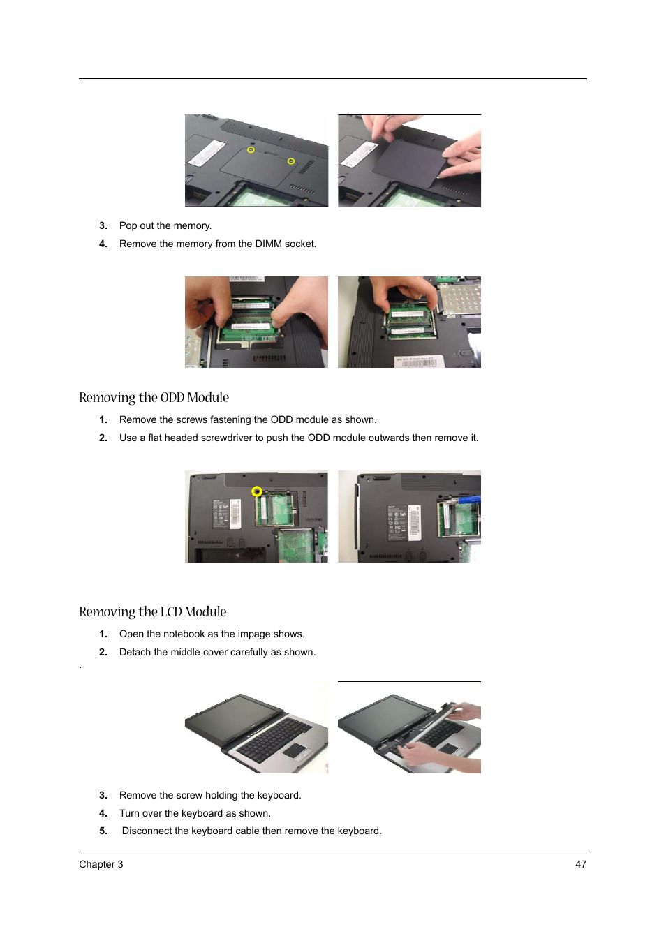 Removing the odd module, Removing the lcd module | Acer 3610 User Manual | Page 53 / 93