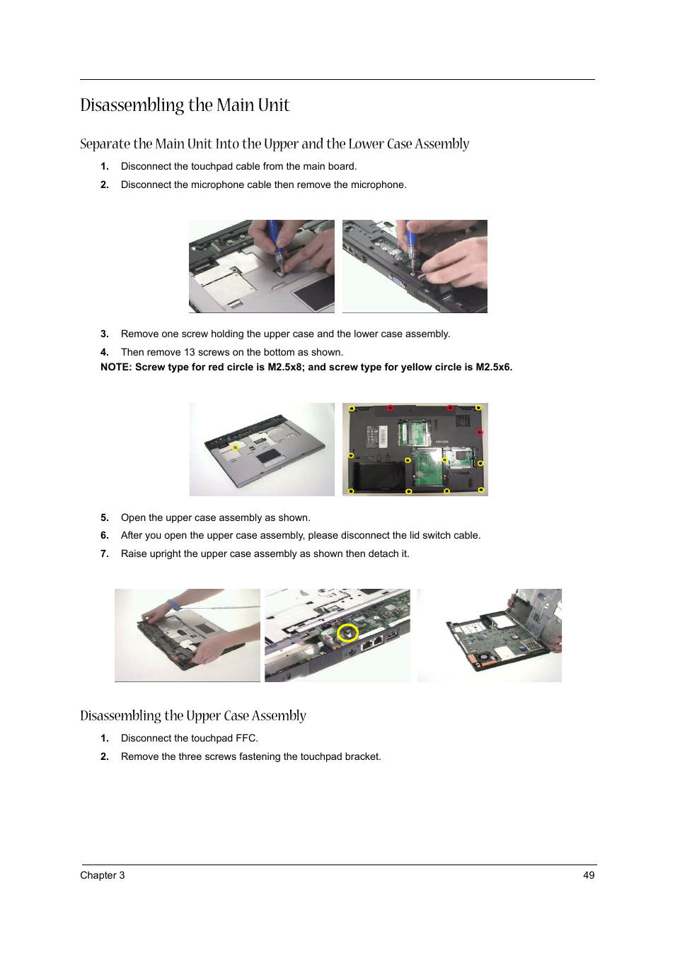 Disassembling the main unit, Disassembling the upper case assembly | Acer 3610 User Manual | Page 55 / 93