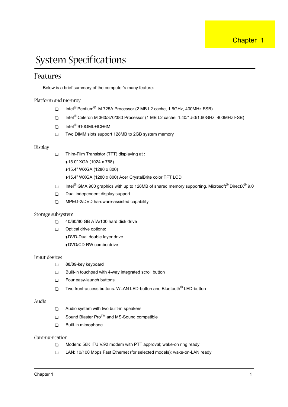 System specifications, Features, Chapter 1 | Platform and memroy, Display, Storage subsystem, Input devices, Audio, Communication | Acer 3610 User Manual | Page 9 / 93