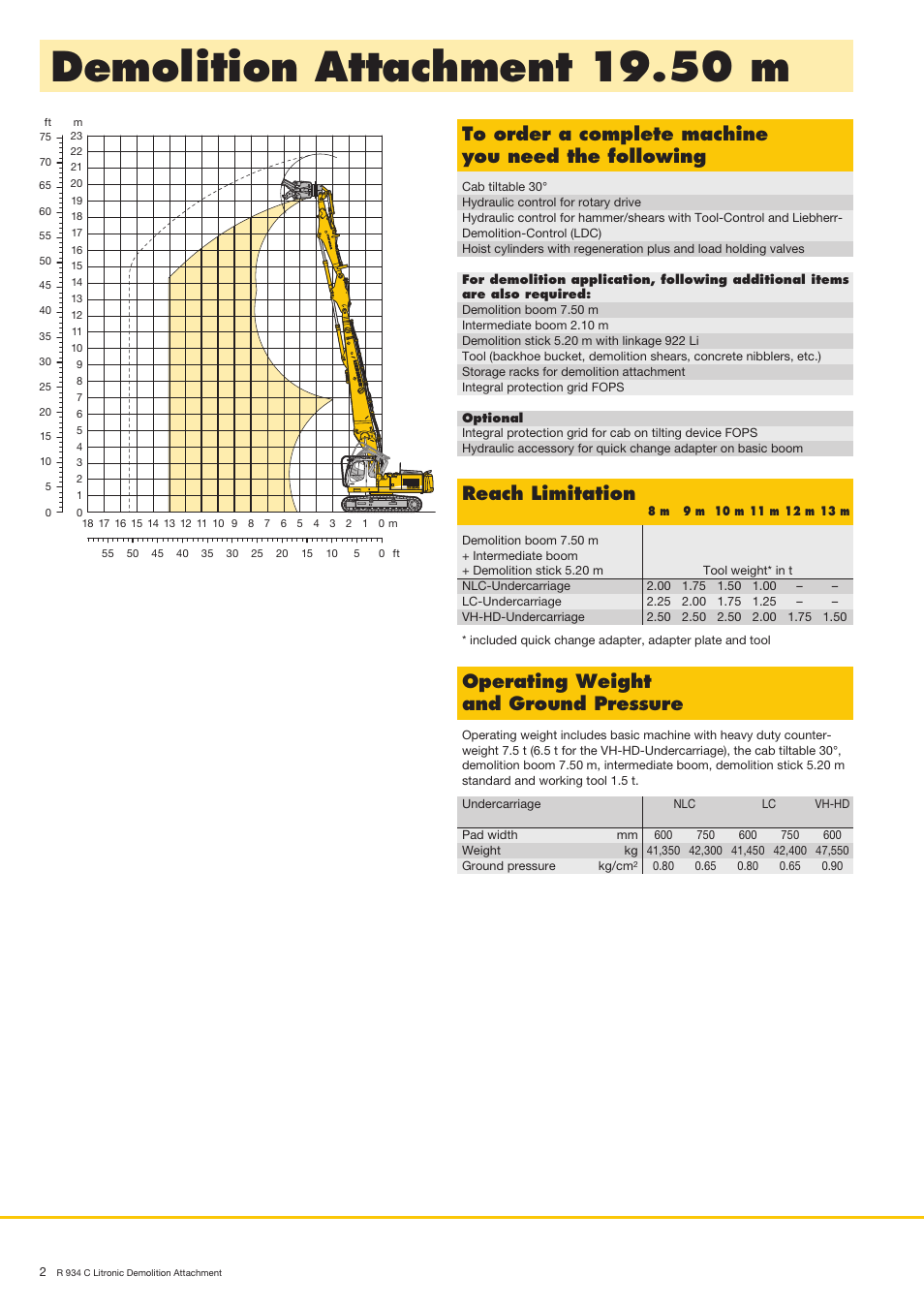 Demolition attachment 19.50 m, Reach limitation, Operating weight and ground pressure | Liebherr R 934 C Litronic Demolition User Manual | Page 2 / 8