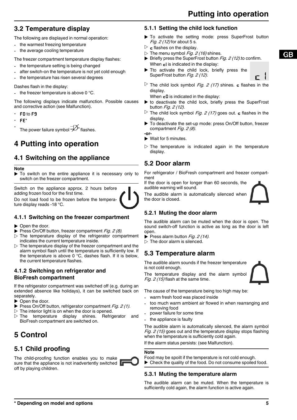 2temperature display, 4putting into operation, 1switching on the appliance | 1switching on the freezer compartment, 5control, 1child proofing, 1setting the child lock function, 2door alarm, 1muting the door alarm, 3temperature alarm | Liebherr ICBN 3356 Premium BioFresh NoFrost User Manual | Page 5 / 16