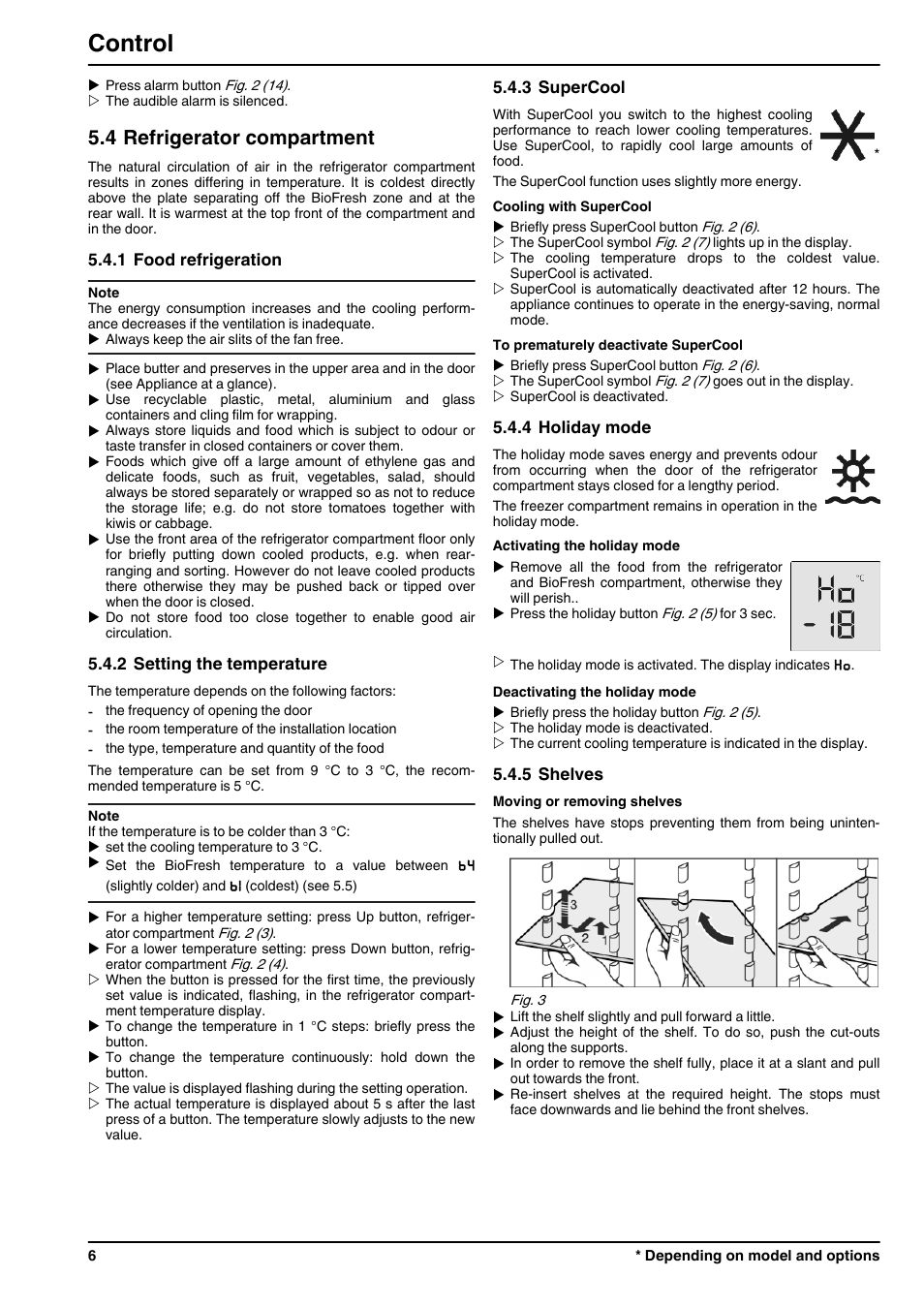 4refrigerator compartment, 1food refrigeration, 2setting the temperature | 3supercool, 4holiday mode, 5shelves, Control, 4 refrigerator compartment | Liebherr ICBN 3356 Premium BioFresh NoFrost User Manual | Page 6 / 16