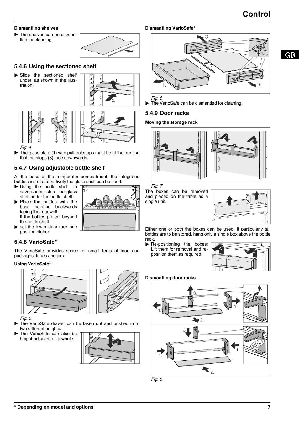6using the sectioned shelf, 7using adjustable bottle shelf, 8variosafe | 9door racks, Control | Liebherr ICBN 3356 Premium BioFresh NoFrost User Manual | Page 7 / 16