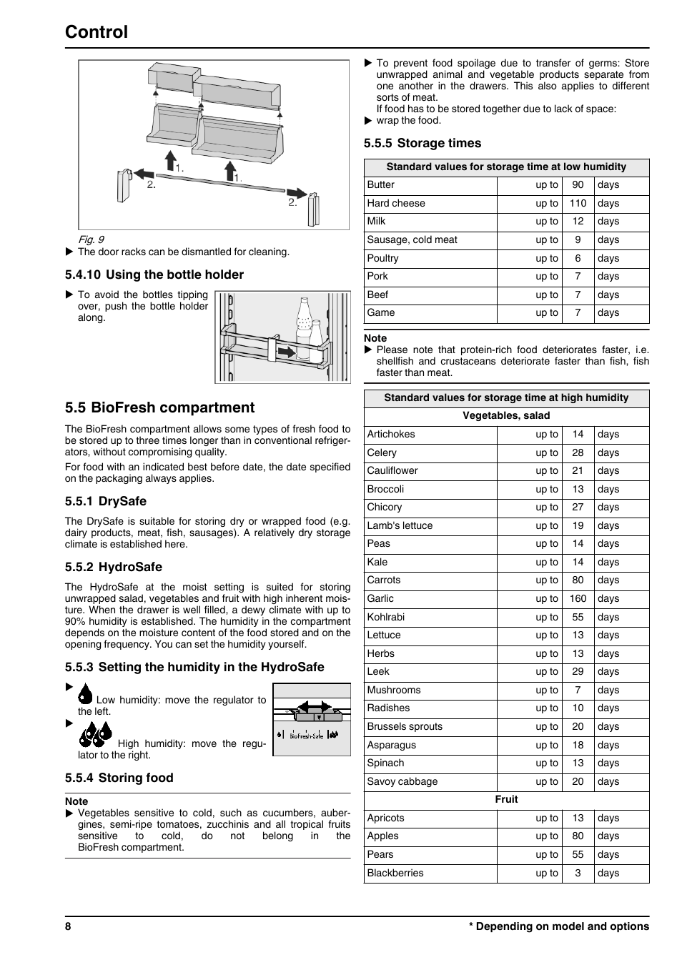 10using the bottle holder, 5biofresh compartment, 1drysafe | 2hydrosafe, 3setting the humidity in the hydrosafe, 4storing food, 5storage times, Control, 5 biofresh compartment | Liebherr ICBN 3356 Premium BioFresh NoFrost User Manual | Page 8 / 16