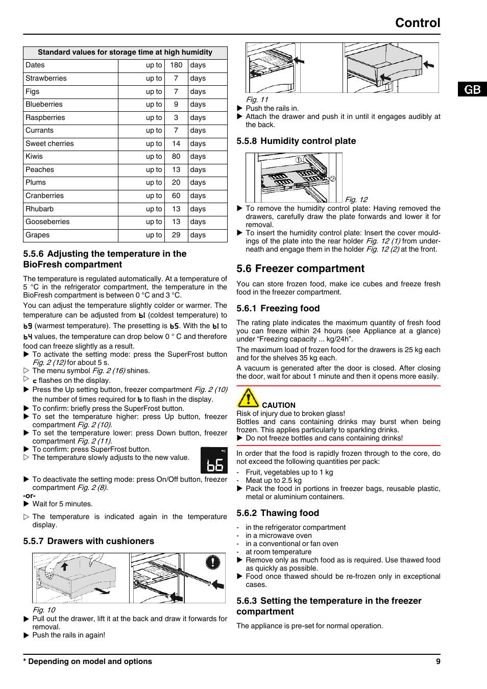 7drawers with cushioners, 8humidity control plate, 6freezer compartment | 1freezing food, 2thawing food, Control, 6 freezer compartment | Liebherr ICBN 3356 Premium BioFresh NoFrost User Manual | Page 9 / 16