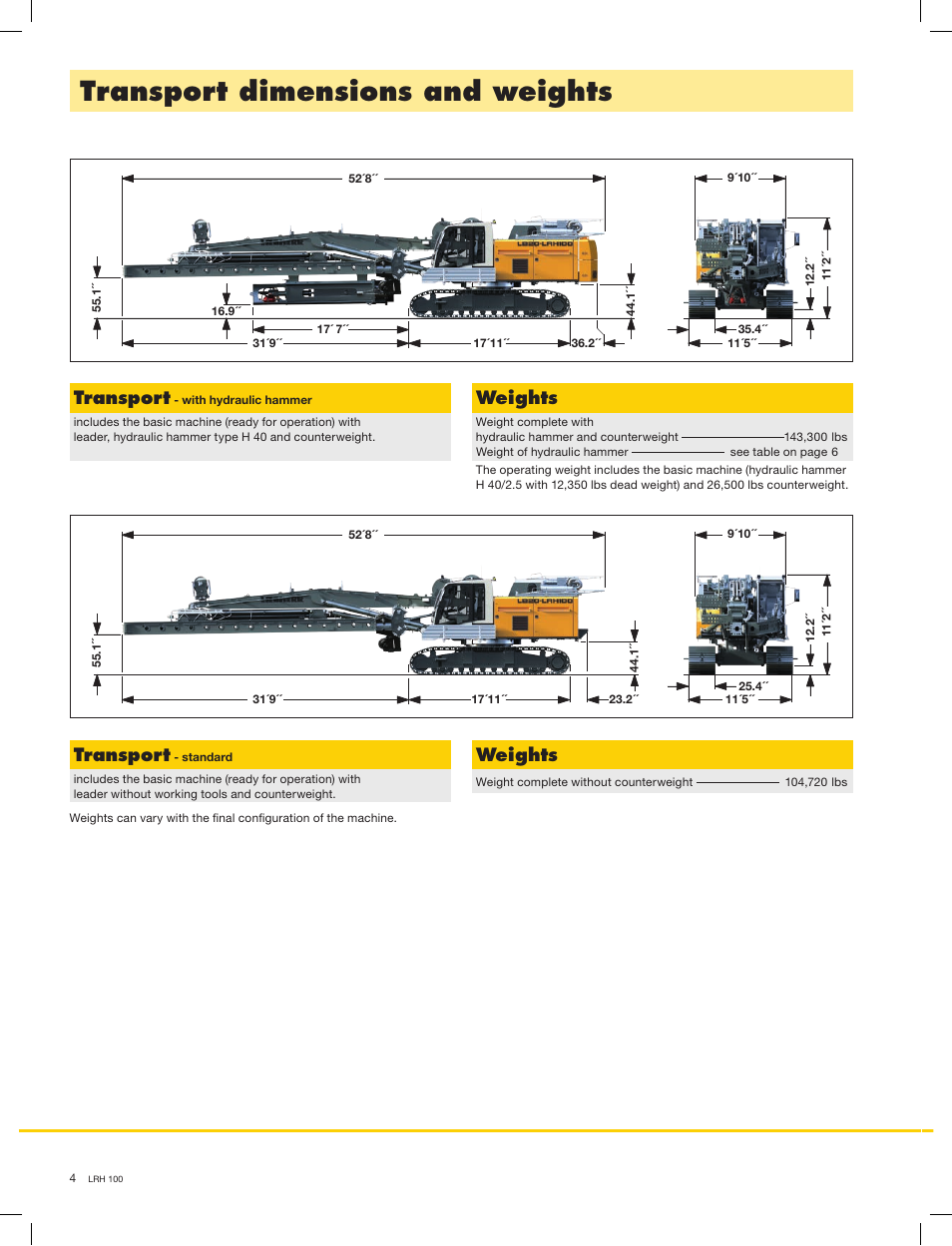 Transport dimensions and weights, Transport, Weights | Liebherr LRH 100 User Manual | Page 4 / 12