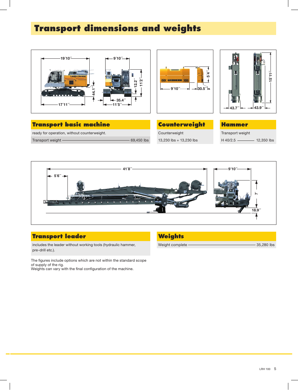 Transport dimensions and weights, Transport basic machine, Counterweight | Hammer, Weights, Transport leader | Liebherr LRH 100 User Manual | Page 5 / 12