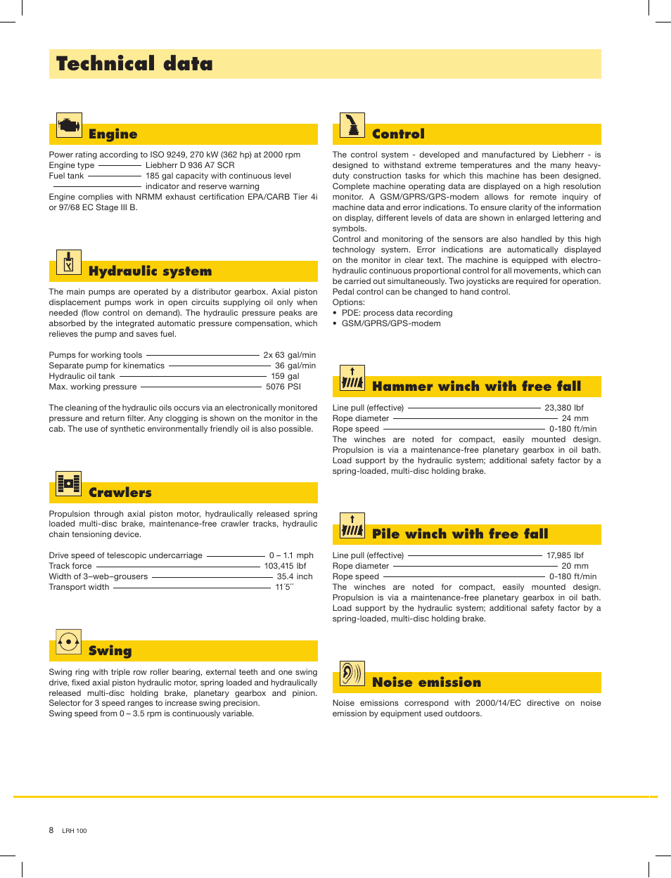 Technical data, Hydraulic system, Swing | Pile winch with free fall, Crawlers, Control, Noise emission, Engine, Hammer winch with free fall | Liebherr LRH 100 User Manual | Page 8 / 12