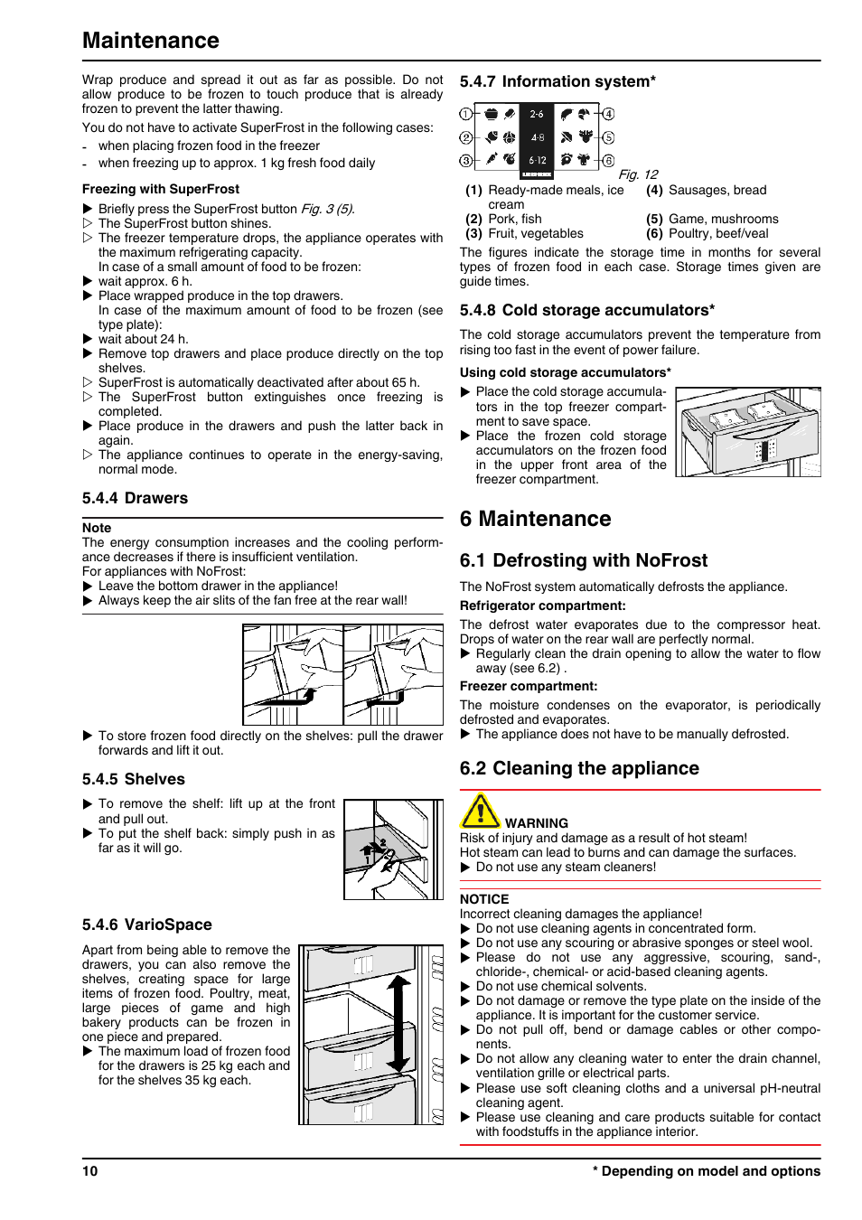 4drawers, 5shelves, 6variospace | 7information system, 8cold storage accumulators, 6maintenance, 1defrosting with nofrost, 2cleaning the appliance, 6 maintenance, Maintenance | Liebherr CUN 3923 Comfort NoFrost User Manual | Page 10 / 14