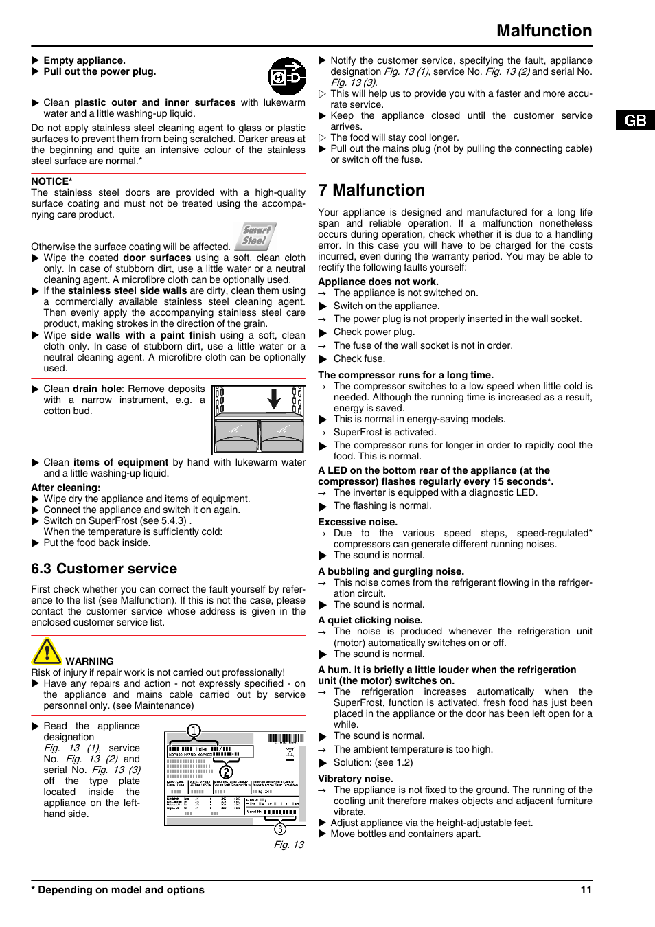 3customer service, 7malfunction, 7 malfunction | Malfunction, 3 customer service | Liebherr CUN 3923 Comfort NoFrost User Manual | Page 11 / 14