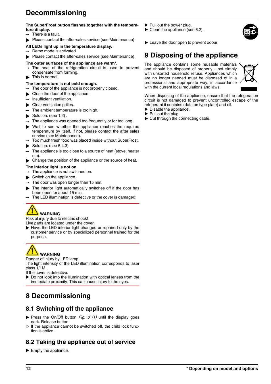 8decommissioning, 1switching off the appliance, 2taking the appliance out of service | 9disposing of the appliance, 8 decommissioning, 9 disposing of the appliance, Decommissioning, 1 switching off the appliance, 2 taking the appliance out of service | Liebherr CUN 3923 Comfort NoFrost User Manual | Page 12 / 14