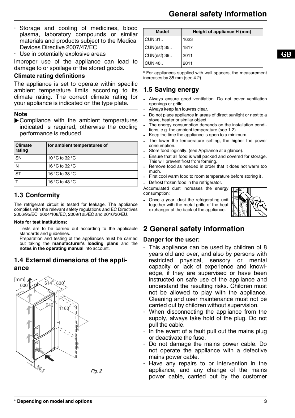 3conformity, 4external dimensions of the appliance, 5saving energy | 2general safety information, 2 general safety information, General safety information, 3 conformity, 4 external dimensions of the appli- ance, 5 saving energy | Liebherr CUN 3923 Comfort NoFrost User Manual | Page 3 / 14