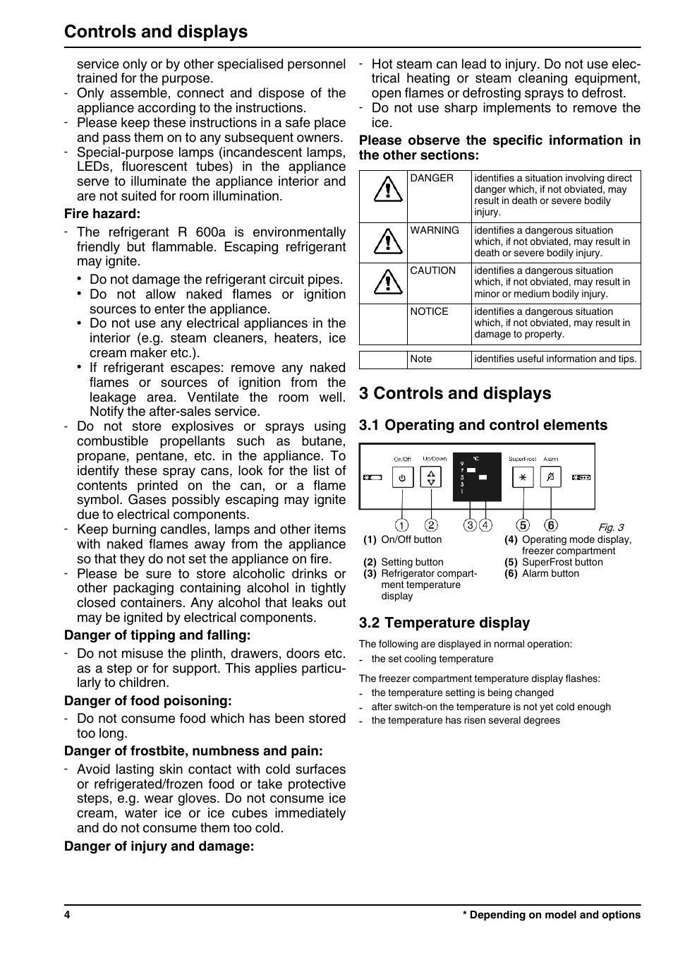 3controls and displays, 1operating and control elements, 2temperature display | 3 controls and displays, Controls and displays | Liebherr CUN 3923 Comfort NoFrost User Manual | Page 4 / 14
