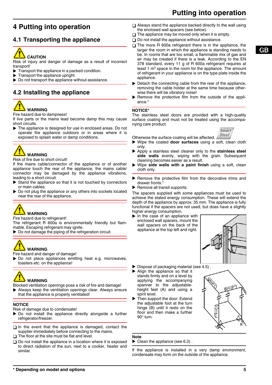 4putting into operation, 1transporting the appliance, 2installing the appliance | 4 putting into operation, Putting into operation, 1 transporting the appliance, 2 installing the appliance | Liebherr CUN 3923 Comfort NoFrost User Manual | Page 5 / 14