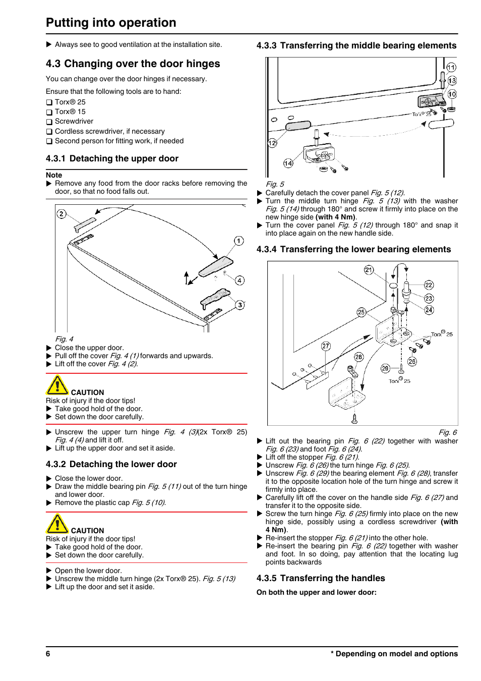 3changing over the door hinges, 1detaching the upper door, 2detaching the lower door | 3transferring the middle bearing elements, 4transferring the lower bearing elements, 5transferring the handles, Putting into operation, 3 changing over the door hinges | Liebherr CUN 3923 Comfort NoFrost User Manual | Page 6 / 14
