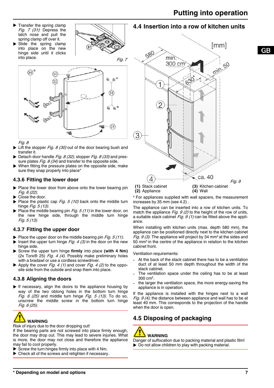 6fitting the lower door, 7fitting the upper door, 8aligning the doors | 4insertion into a row of kitchen units, 5disposing of packaging, Putting into operation, 4 insertion into a row of kitchen units, 5 disposing of packaging | Liebherr CUN 3923 Comfort NoFrost User Manual | Page 7 / 14