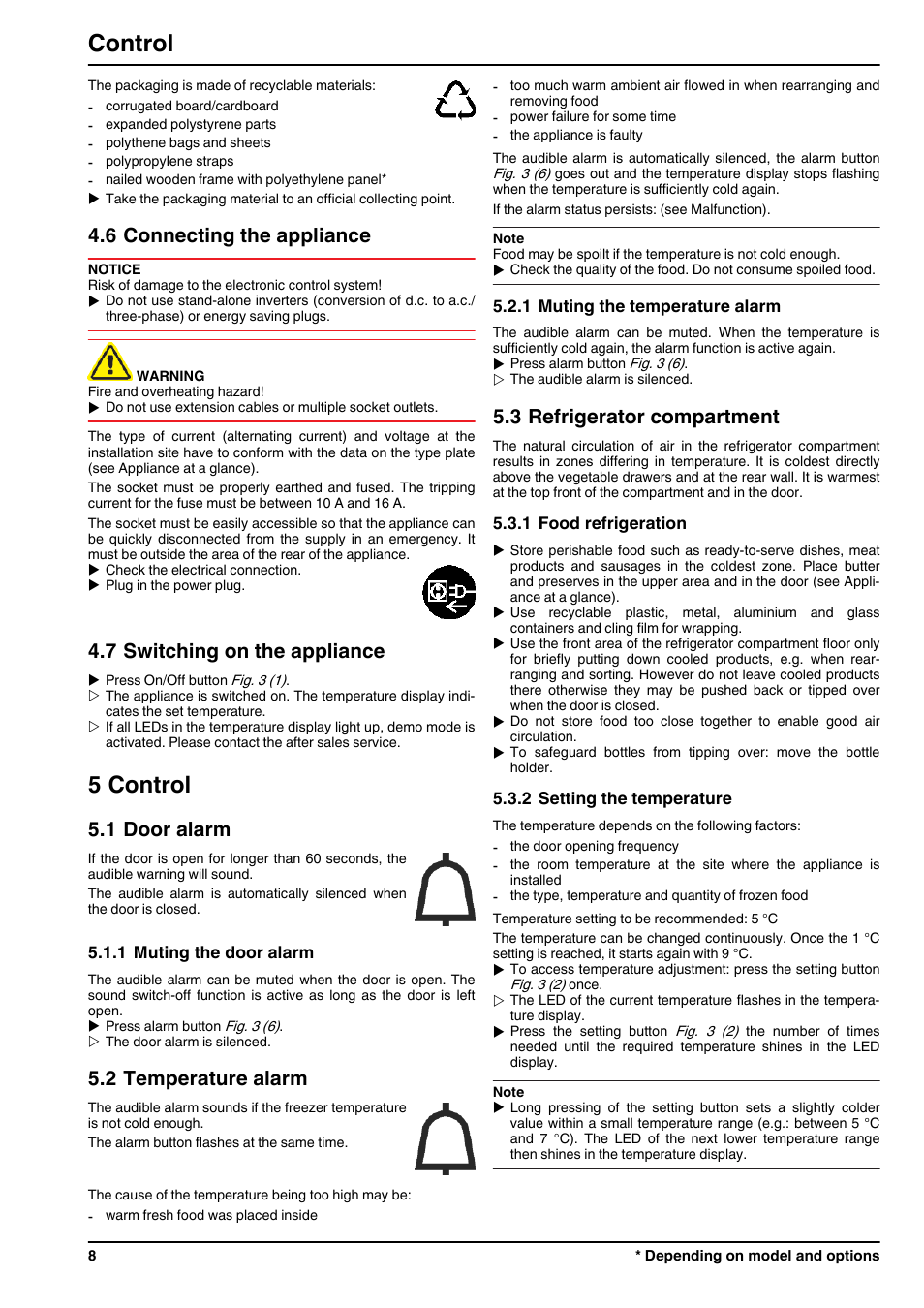 6connecting the appliance, 7switching on the appliance, 5control | 1door alarm, 1muting the door alarm, 2temperature alarm, 1muting the temperature alarm, 3refrigerator compartment, 1food refrigeration, 2setting the temperature | Liebherr CUN 3923 Comfort NoFrost User Manual | Page 8 / 14