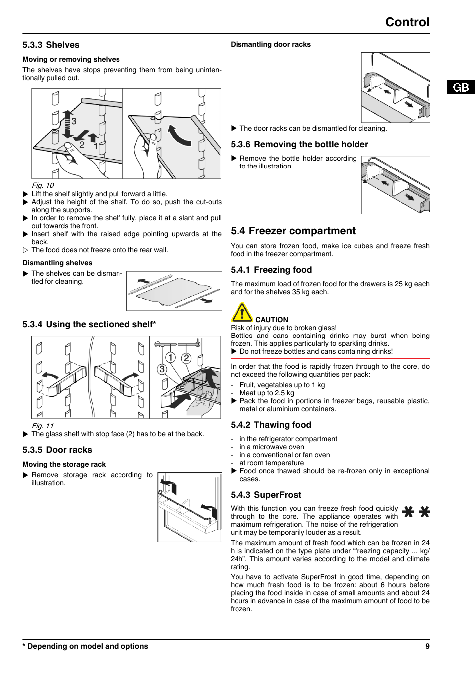 3shelves, 4using the sectioned shelf, 5door racks | 6removing the bottle holder, 4freezer compartment, 1freezing food, 2thawing food, 3superfrost, Control, 4 freezer compartment | Liebherr CUN 3923 Comfort NoFrost User Manual | Page 9 / 14