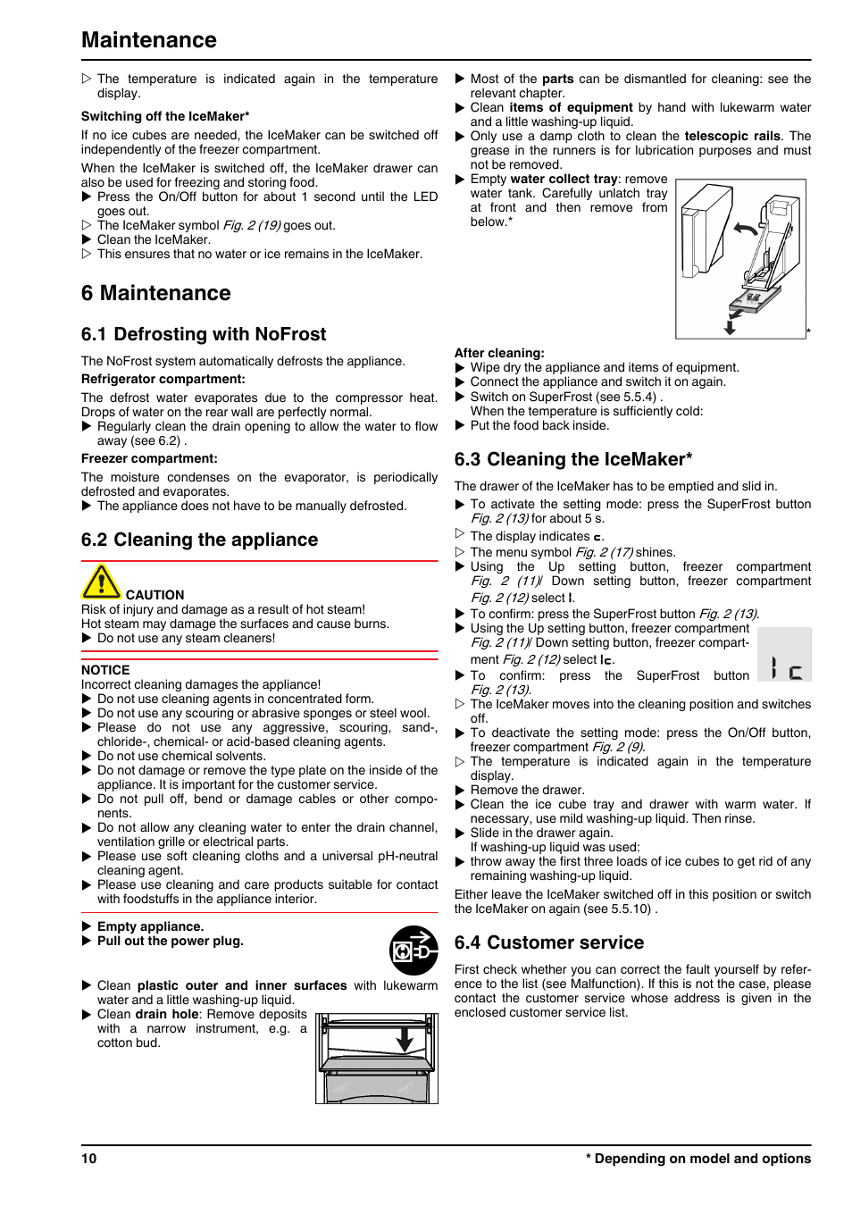 6maintenance, 1defrosting with nofrost, 2cleaning the appliance | 3cleaning the icemaker, 4customer service, 6 maintenance, Maintenance, 1 defrosting with nofrost, 2 cleaning the appliance, 3 cleaning the icemaker | Liebherr ICN 3366 Premium NoFrost User Manual | Page 10 / 12
