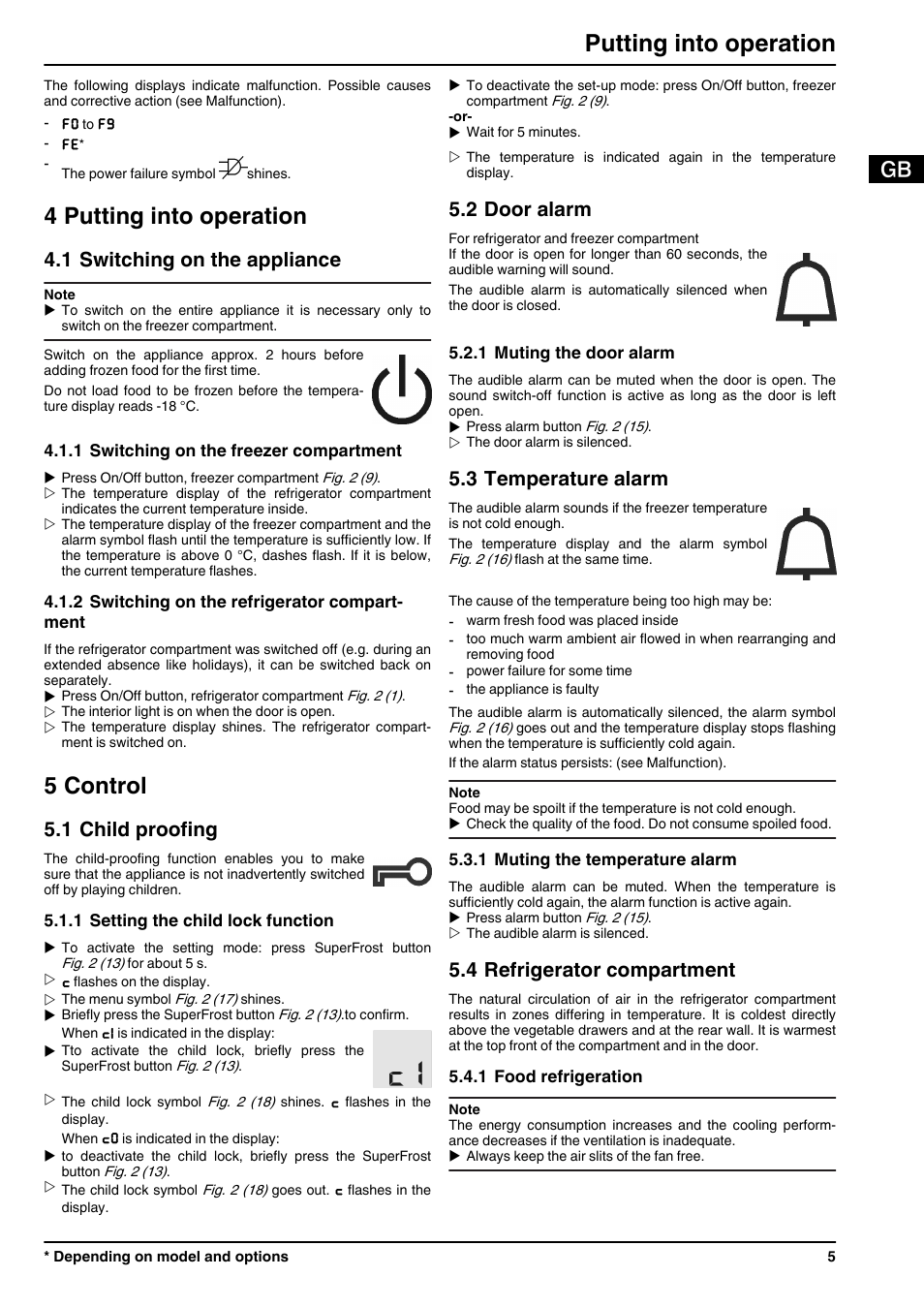 4putting into operation, 1switching on the appliance, 1switching on the freezer compartment | 2switching on the refrigerator compartment, 5control, 1child proofing, 1setting the child lock function, 2door alarm, 1muting the door alarm, 3temperature alarm | Liebherr ICN 3366 Premium NoFrost User Manual | Page 5 / 12