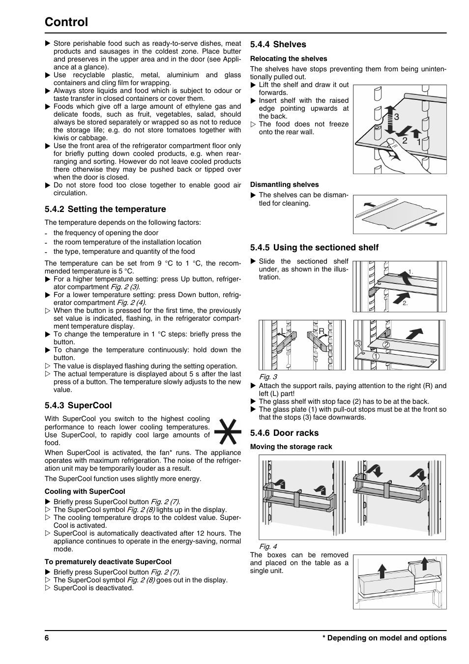 2setting the temperature, 3supercool, 4shelves | 5using the sectioned shelf, 6door racks, Control | Liebherr ICN 3366 Premium NoFrost User Manual | Page 6 / 12