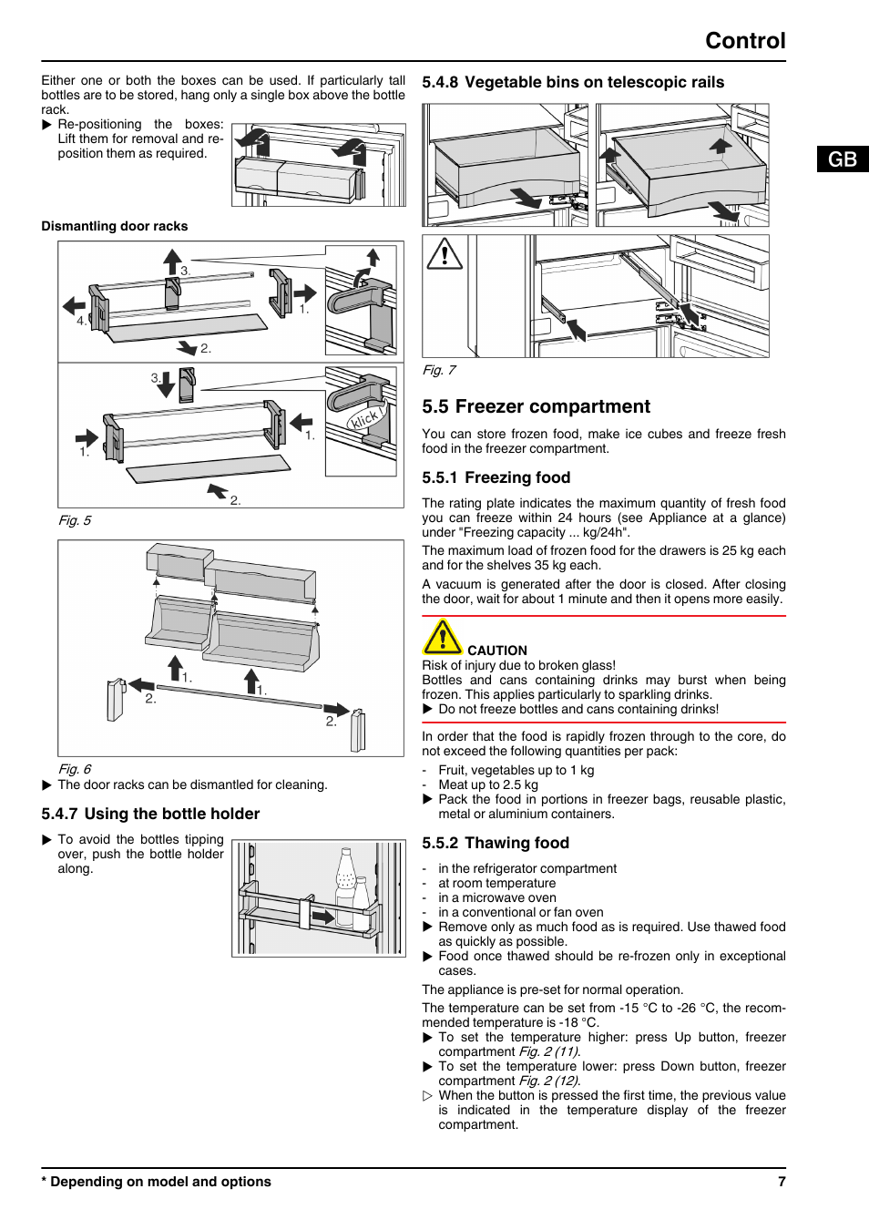 7using the bottle holder, 8vegetable bins on telescopic rails, 5freezer compartment | 1freezing food, 2thawing food, Control, 5 freezer compartment | Liebherr ICN 3366 Premium NoFrost User Manual | Page 7 / 12