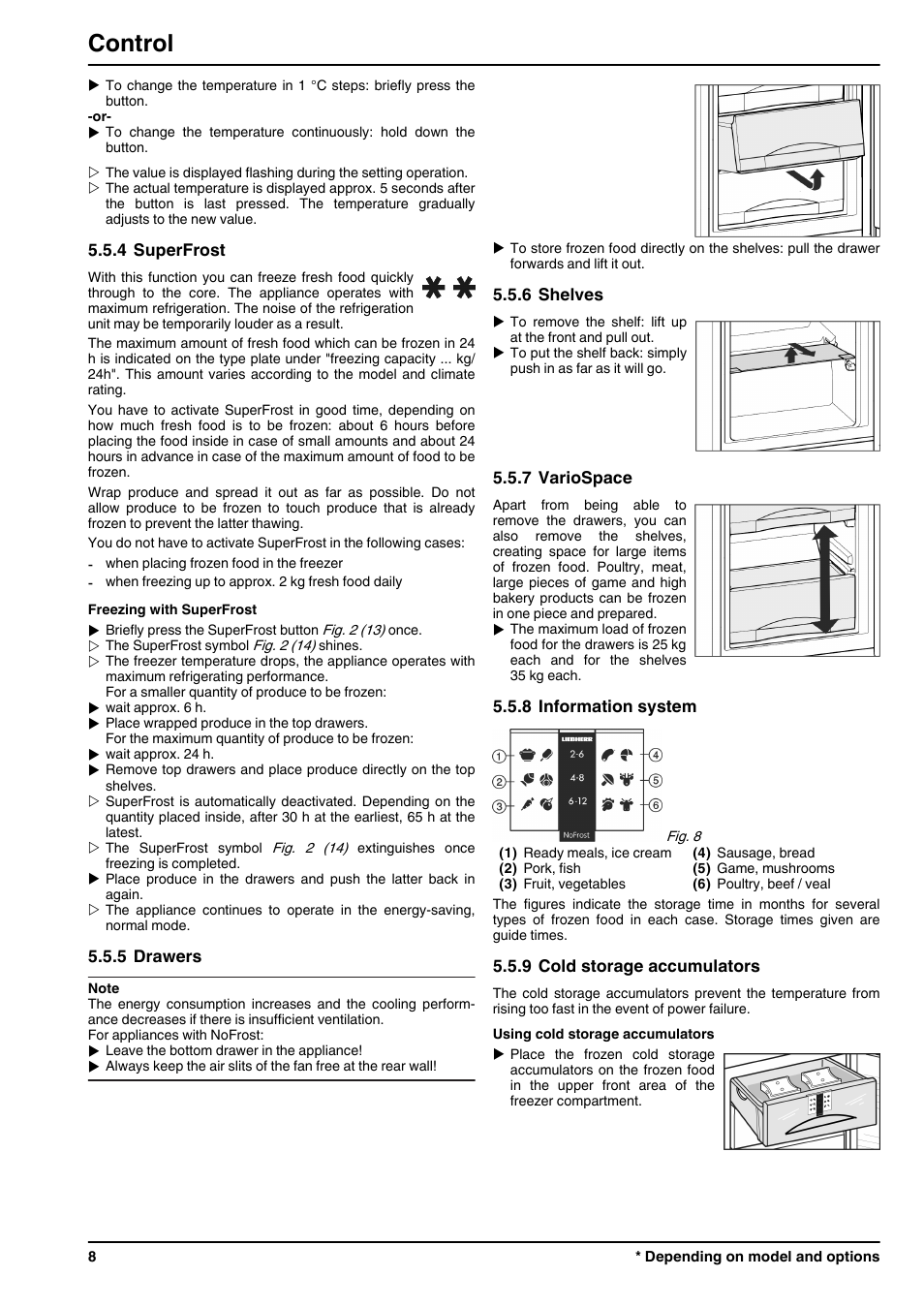 4superfrost, 5drawers, 6shelves | 7variospace, 8information system, 9cold storage accumulators, Control | Liebherr ICN 3366 Premium NoFrost User Manual | Page 8 / 12